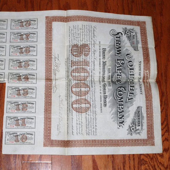 Columbia Straw Paper Company MORTGAGE GOLD BOND $1000 _ 1901 ANTIQUE - Picture 6 of 10